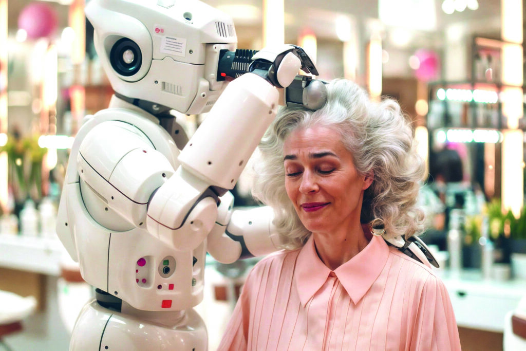 Humanoid Robot Drying Elegant Gray Hair in Modern Salon